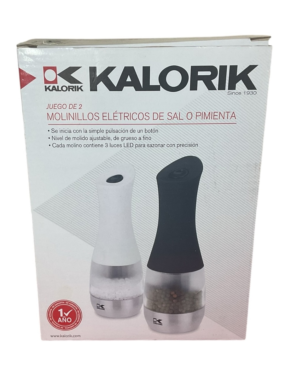 Kalorik Electric Salt & Pepper Mill Set Black White Ceramic Grinder LED Battery